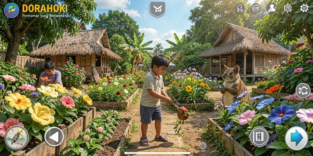 Tampilan screenshot utama DORAHOKI menampilkan kebun yang indah dan interaksi petani.