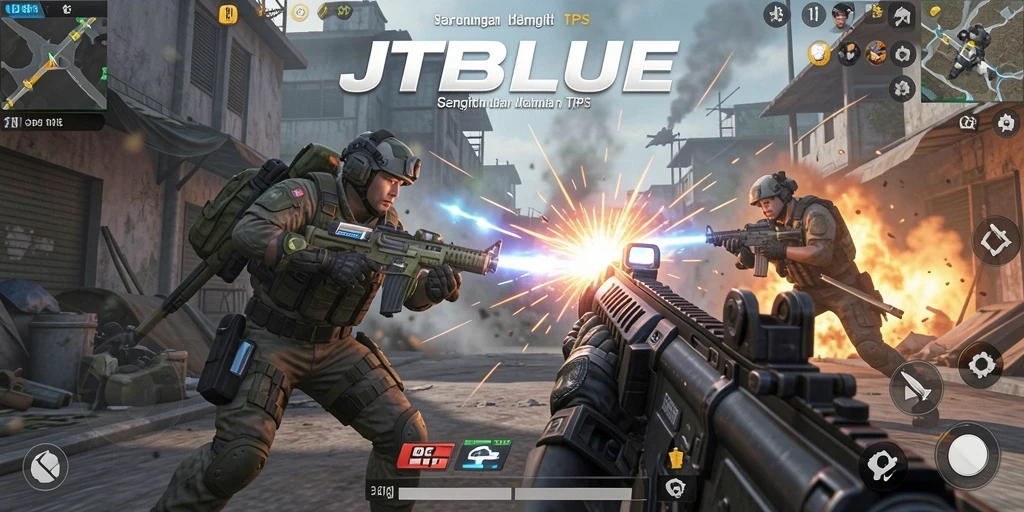 Tampilan gameplay JTBLUE yang menegangkan dan futuristik.