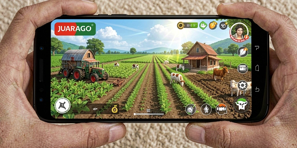 Screenshot gameplay JUARAGO menunjukkan aktivitas bertani yang seru.
