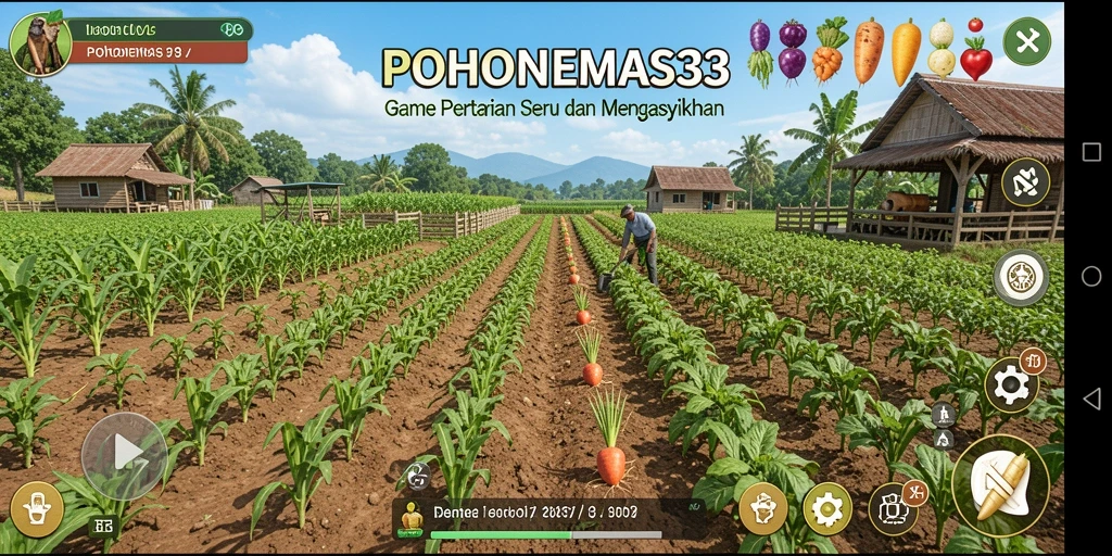 Tampilan gameplay seru dalam POHONEMAS33 dengan aktivitas bertani.
