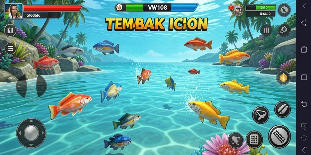 Tampilan gameplay VW108 menampilkan momen seru saat menangkap ikan besar.