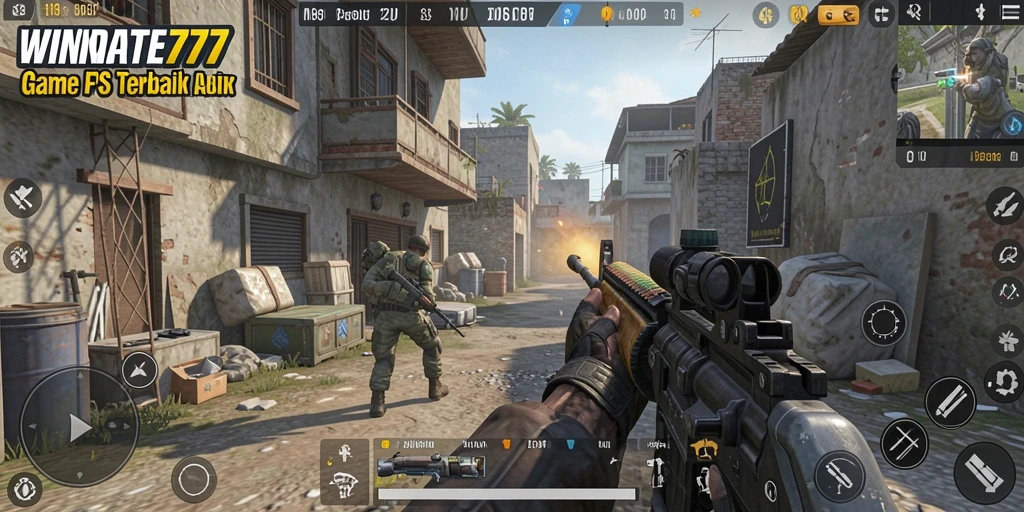 Screenshot WINRATE777 menunjukkan aksi menegangkan di medan perang FPS.