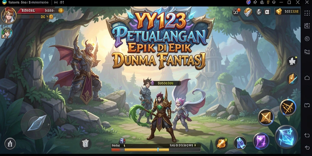 Screenshot YY123 menampilkan karakter utama dalam pertempuran epik melawan monster besar.